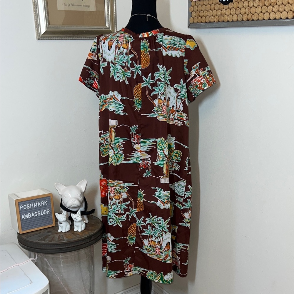 Vintage Made in Hawaii Brown Tropical Print Short-Sleeve Shift Dress Sz.M - Picture 4 of 12